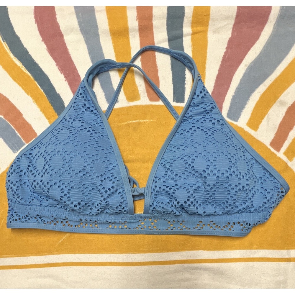 Rebecca Virtue Women's Blue Solid CrochetHalterBikiniTopLined Size L B Cup 224.5